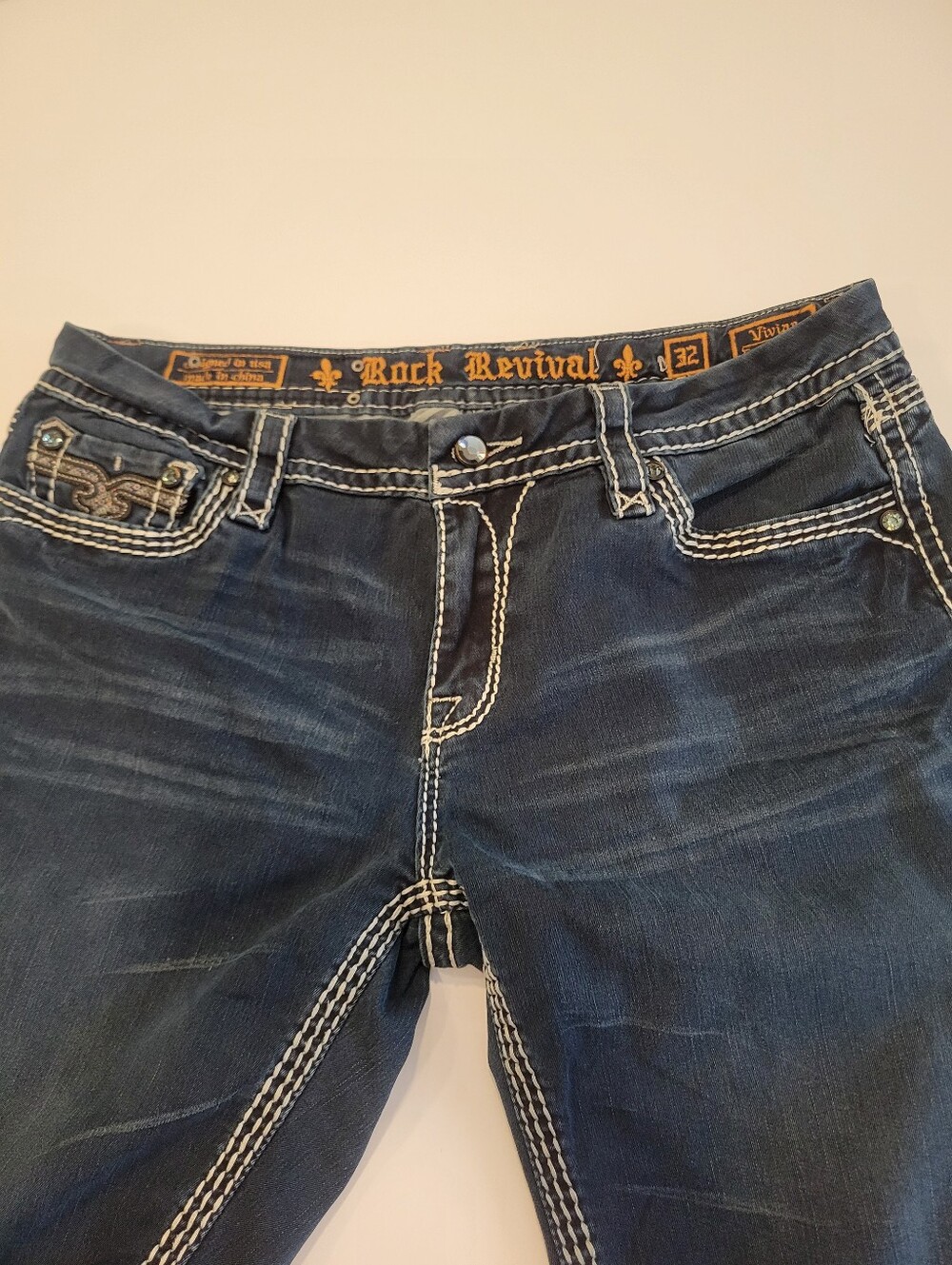 Rock Revival Vivian Easy Skinny 32 Straight Leg Fleur-de-lis Pocket Y2K Style - Picture 5 of 15